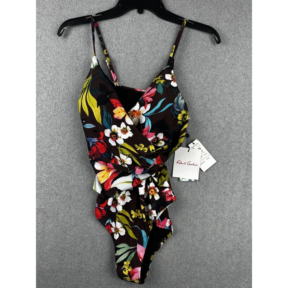 Robert Graham Swimsuit Womens 8 Black Floral Paradise One Piece Wrap New $178